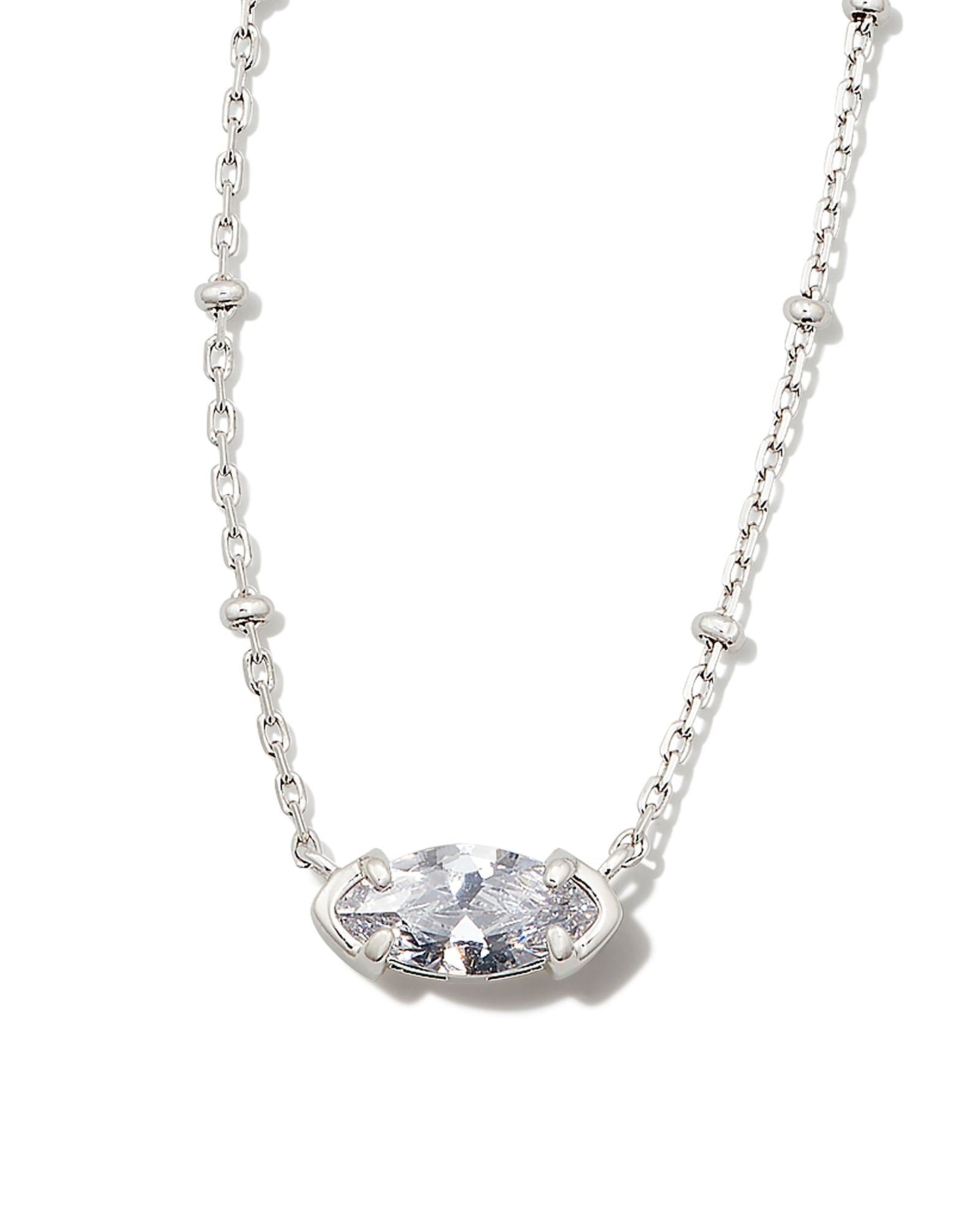Dainty has never looked so chic. With a trending satellite chain and a petite marquise-shaped crystal, the Genevieve Silver Satellite Short Pendant Necklace in White Crystal is an elegant, must-have piece to add to your necklace collection. Dimensions-15' CHAIN WITH 4' EXTENDER, 0.15'Lx0.38"W PENDENT Metal- Rhodium Over Brass Closure- Lobster clasp w/ single adjustable slider bead Material- White CZ