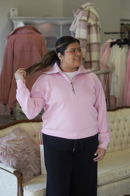 Spanx Air Essentials Quarter Zip Pullover in a Light Pink Color, Long Sleeve, Relaxed Fit