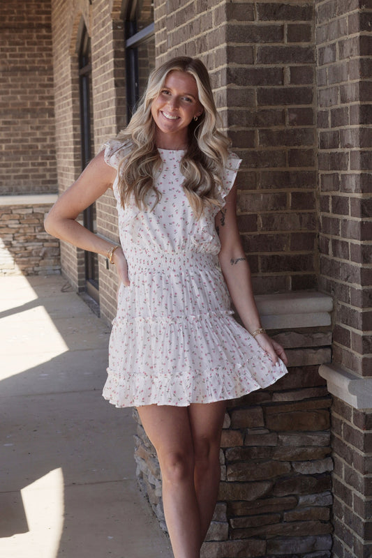 White/Pink Floral Print Dress, Ruffled Short Sleeve, Snitches At Waist, Ruffles, High Neckline, Mid Thigh Length