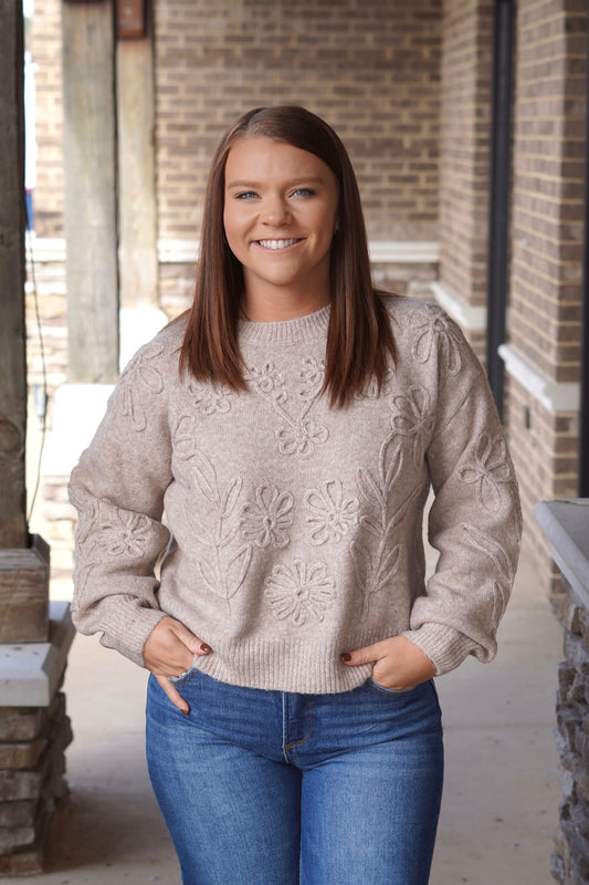 Farah Floral Embroidered Sweater, Round Neckline, Long Sleeves, Full Length, Color: Mocha, Floral Embroidered, True To Size