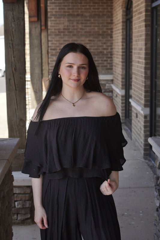 Layered Off The Shoulder Top, Black, Tiered Ruffle Design, Sleeveless, Relaxed Fit, Cropped