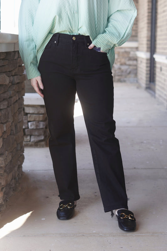 Black Straight Leg Pants, Button/Zipper Fly Closure, Pockets, Stretchy Fabric, High Rise, Sleek, Modern Appearance