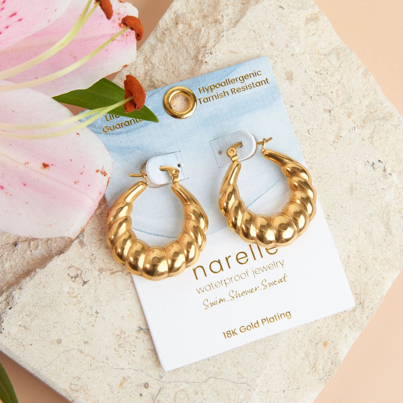 Gold Chunky Hoop Earrings with Twist Detail, Latch Back