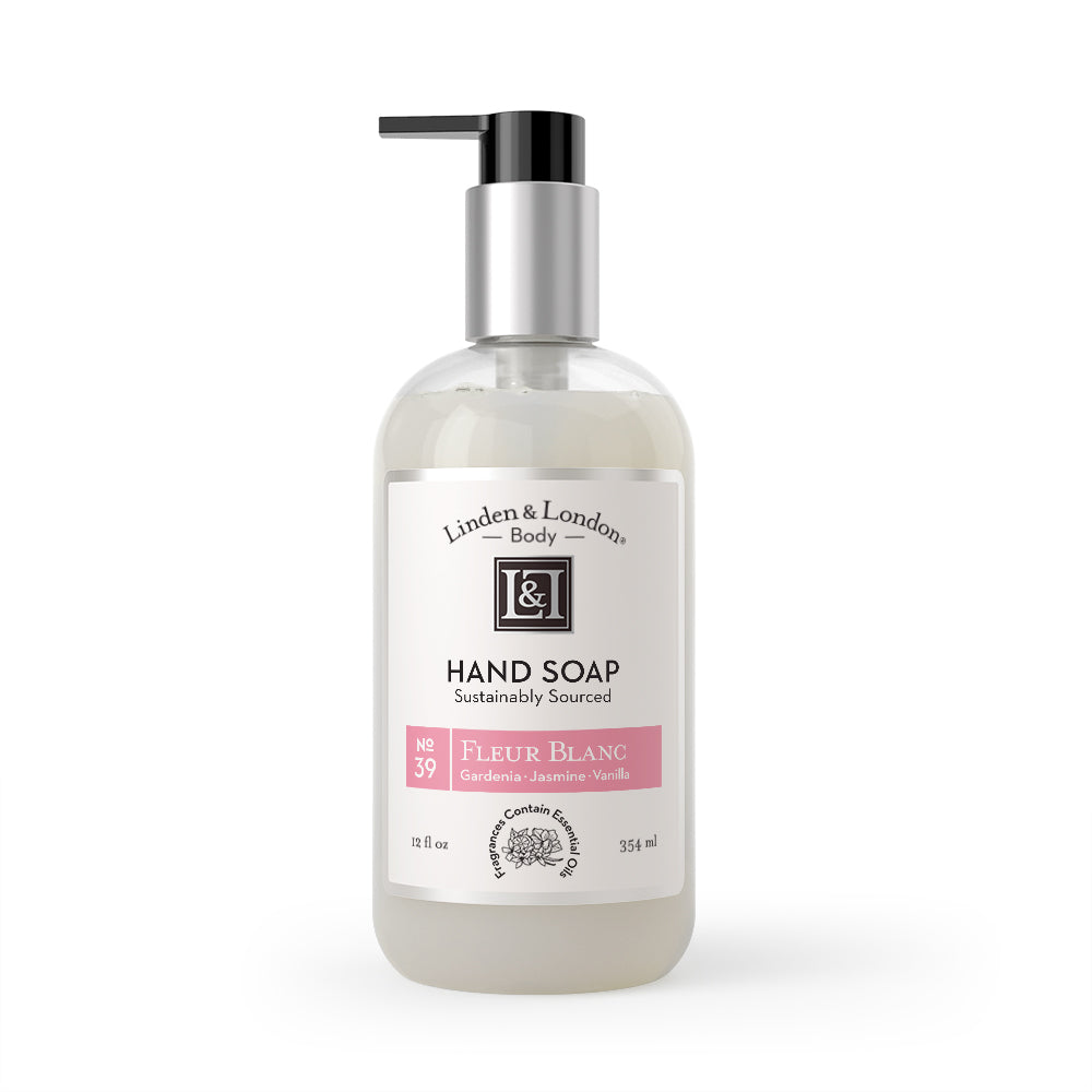 Fleur Blanc Hand Soap: Gardenia, Jasmine, Vanilla, Clear Bottle, Black Dispenser, 12 fluid ounces, Linden and London