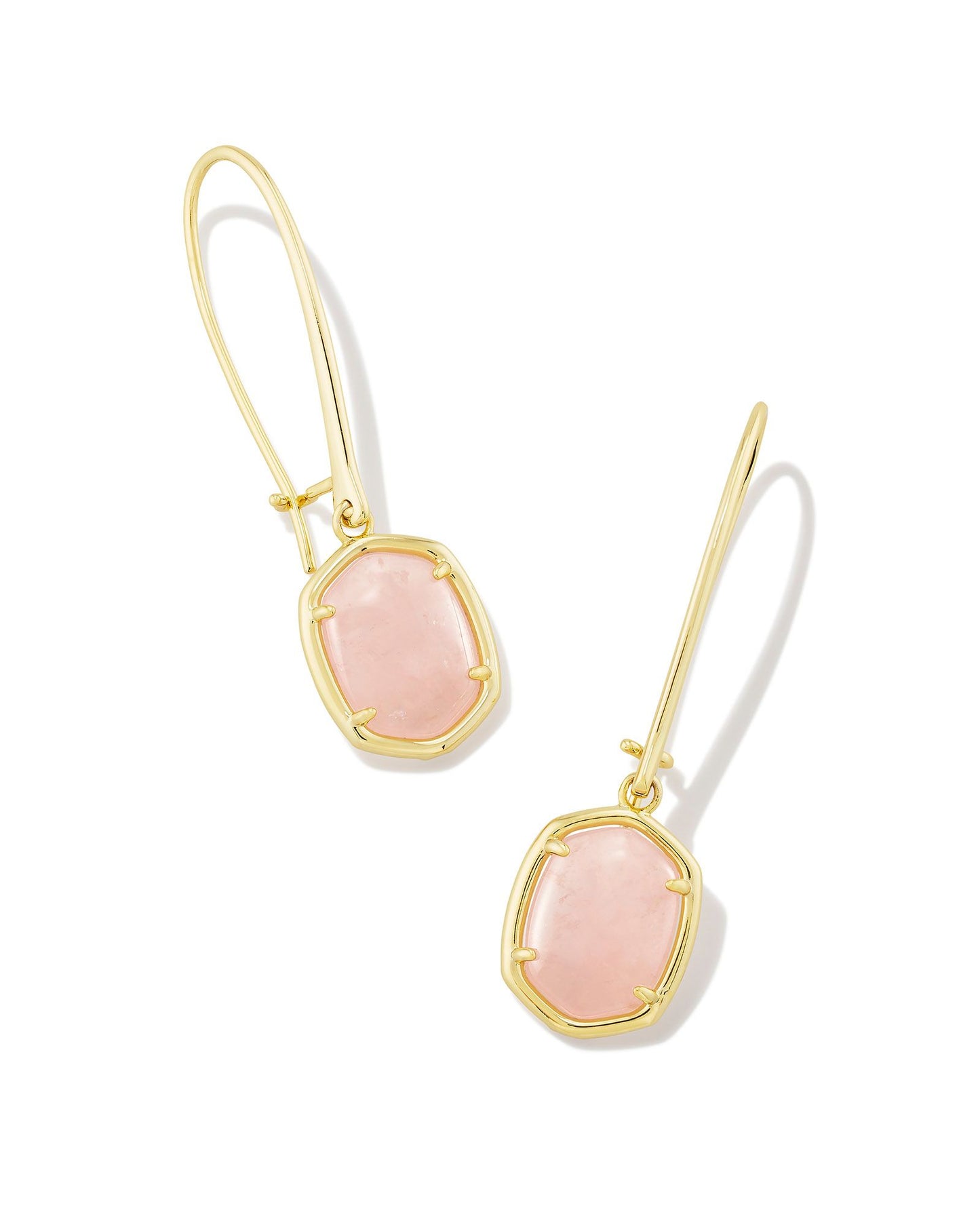 wire drop gold earrings with a rose quartz stone, Size is 1.9"L X 0.54"W