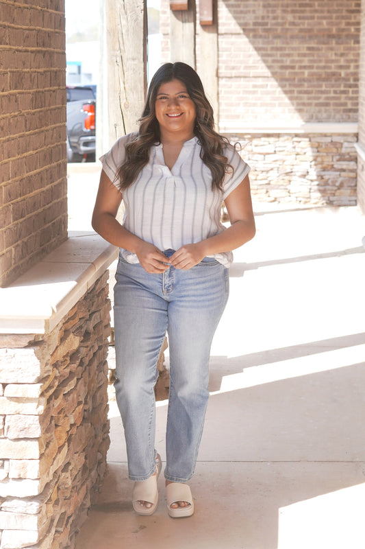 white/navy striped v-neck blouse, short sleeves, relaxed fit, flowy.