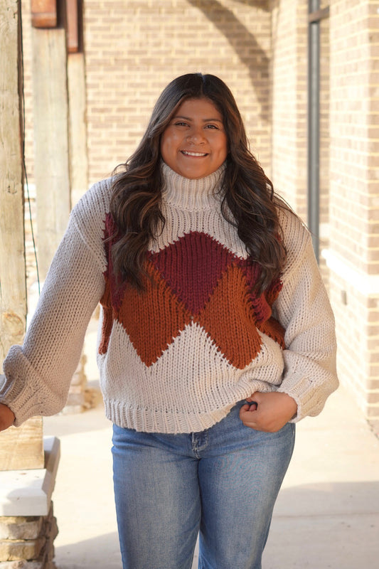 Tate Turtleneck Yarn Sweater, Turtle Neckline, Long Sleeves, Yarn sweater, Oversized, Full Length, Color: Stone Combo
