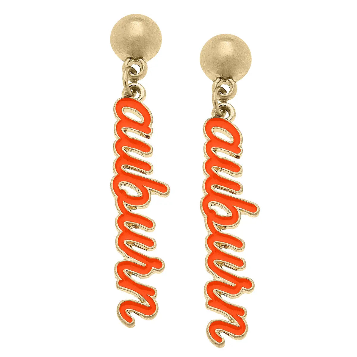 Gold Drop Earrings, Auburn Collegiate Detail, Cursive Writing