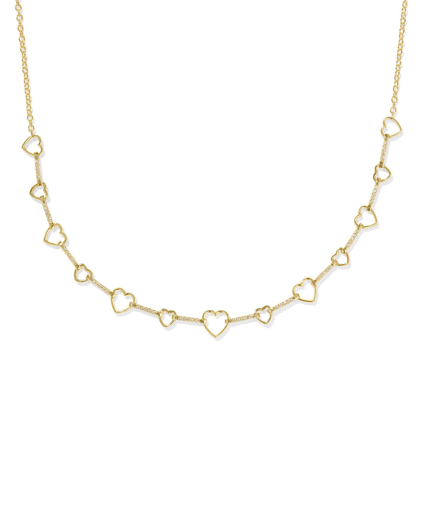 14k Gold Plated Heart Strand Necklace With Ball extender. Gold White Crystal. 19" Chain.