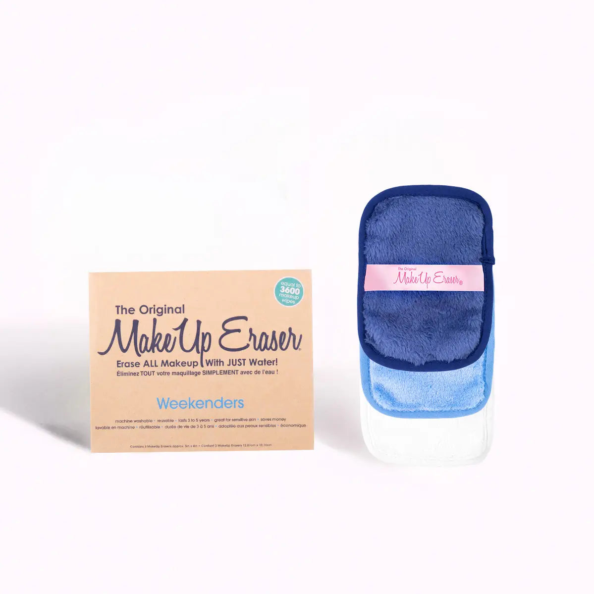Box of a set of three small cloth makeup erasers in different shades of blue