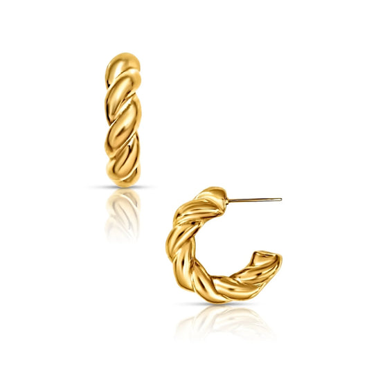 Gold Mini Twisted Hoops, Post Back Closure, Water Resistant, Measurements:2.4 cm, 7 mm width