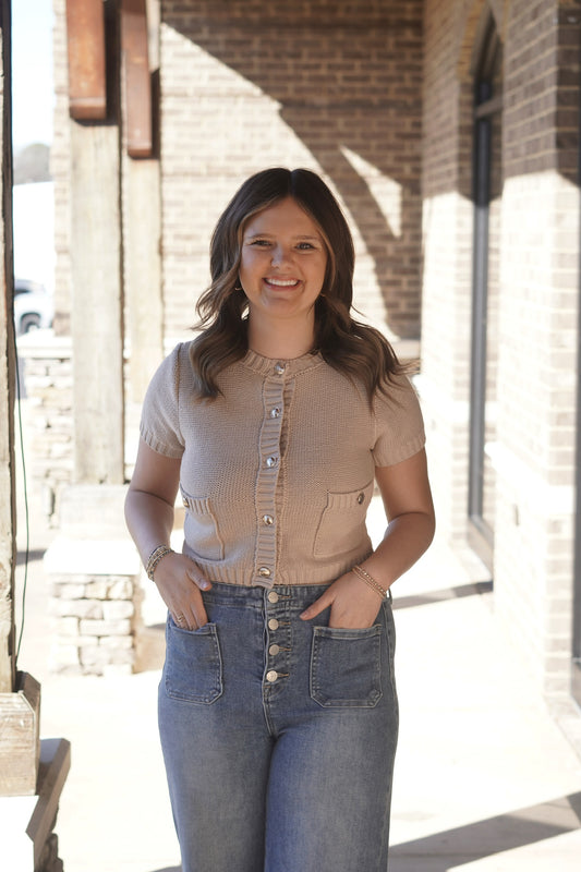 Knitted Top, Light Taupe, Gold Buttons Down Center, Two Pockets, Short Sleeve, Round Neckline, Fitted