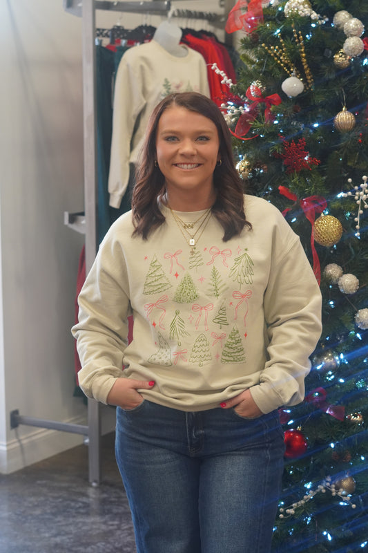 Preppy Christmas Sweatshirt, Crew Neckline, Long Sleeves, Full Length, Pink Bows And Green Trees, Relaxed Fit, Color: Taupe