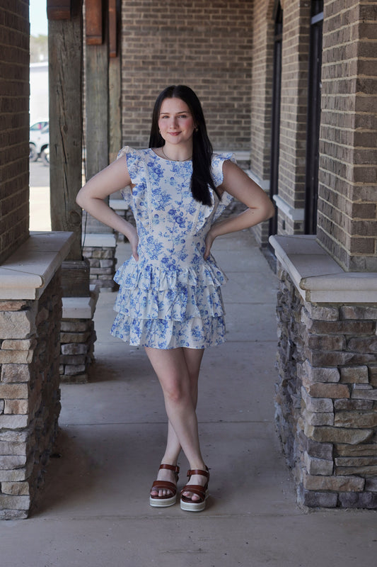 Mini Dress, Blue Floral Print, Round Neck, Sleeveless, Ruffled Bottom