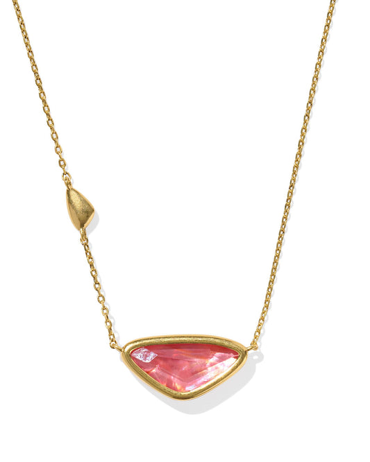 Gold Chain Necklace, Vintage Gold Pink Coral Iridescent Triangular Abalone Stone, Along With Smaller Gold Leaf Charm, Lobster Clasp With Single Adjustable Slider Bead, Size- 0.75"L X 0.39'W PENDANT, 16" CHAIN + 2" EXTENDER