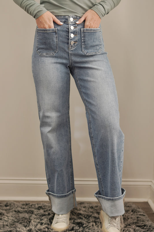 Paisley Patch Pocket-Cuffed Jeans