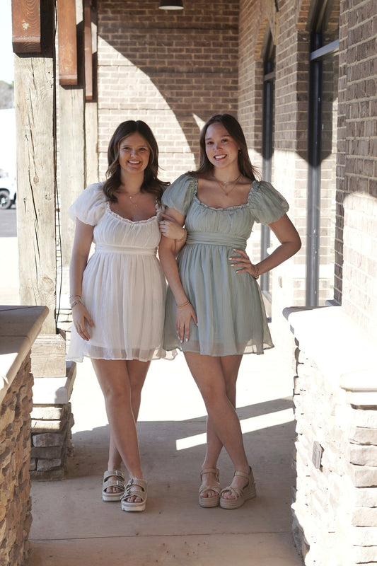 White And Mint Dress, Puffed Short Sleeve, Ruffled Round Neckline, Bow Back Detail, Mid Thigh Length, Snitch At Waist