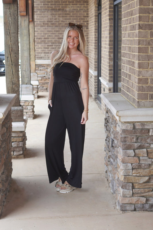 Black Strapless Jumpsuit, Flowy, Pockets