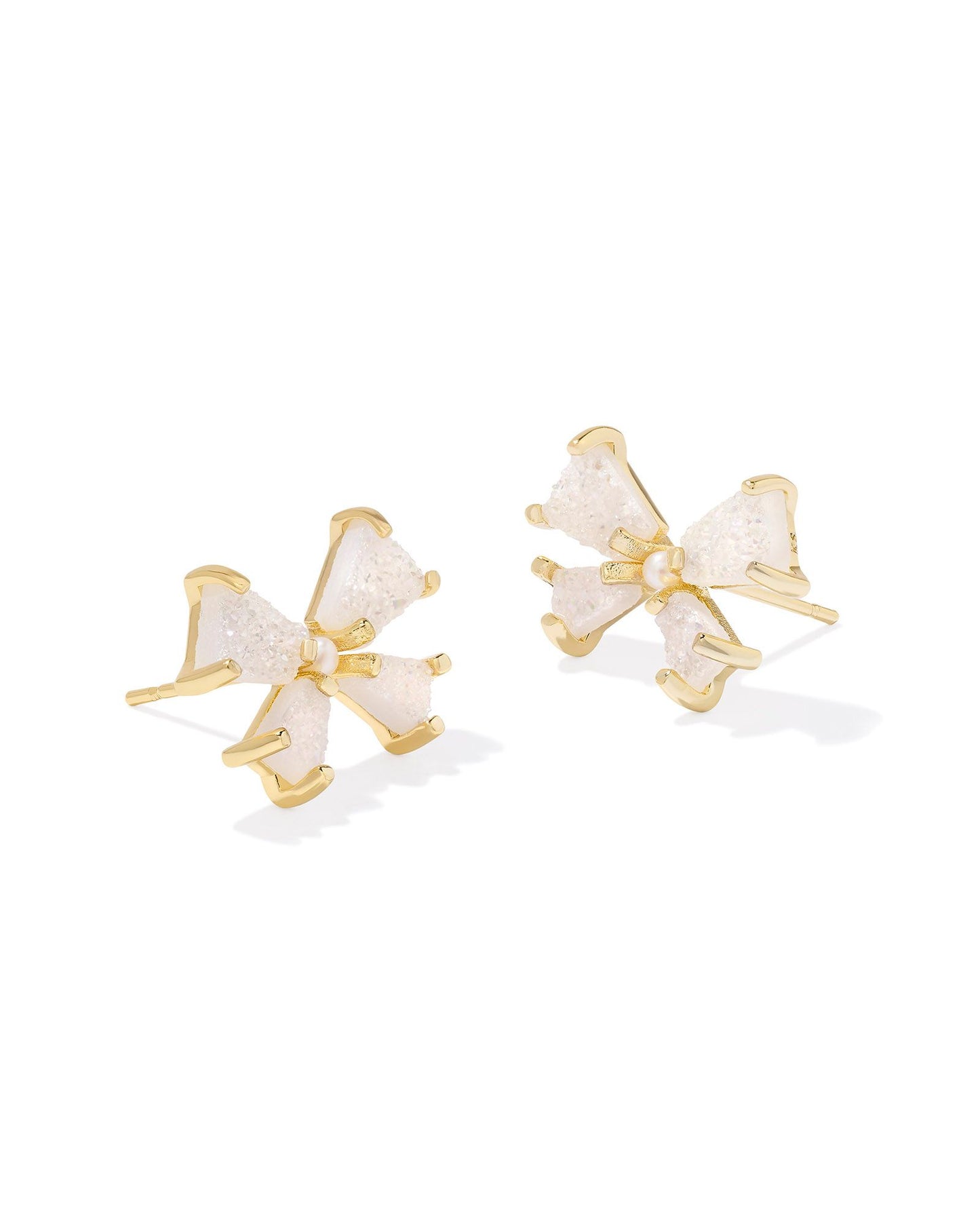 Gold stud earrings with Iridescent Drusy bow pendant. Small pearl in the center of the bow pendant. Ear post closure.