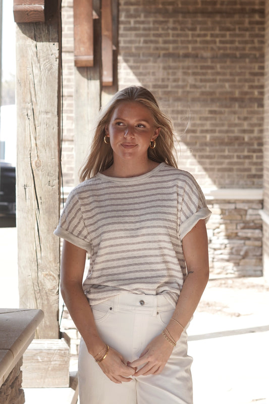 Striped Short Sleeve Top, Round Neckline, Cream/Taupe Color, Relaxed Fit, Full Length
