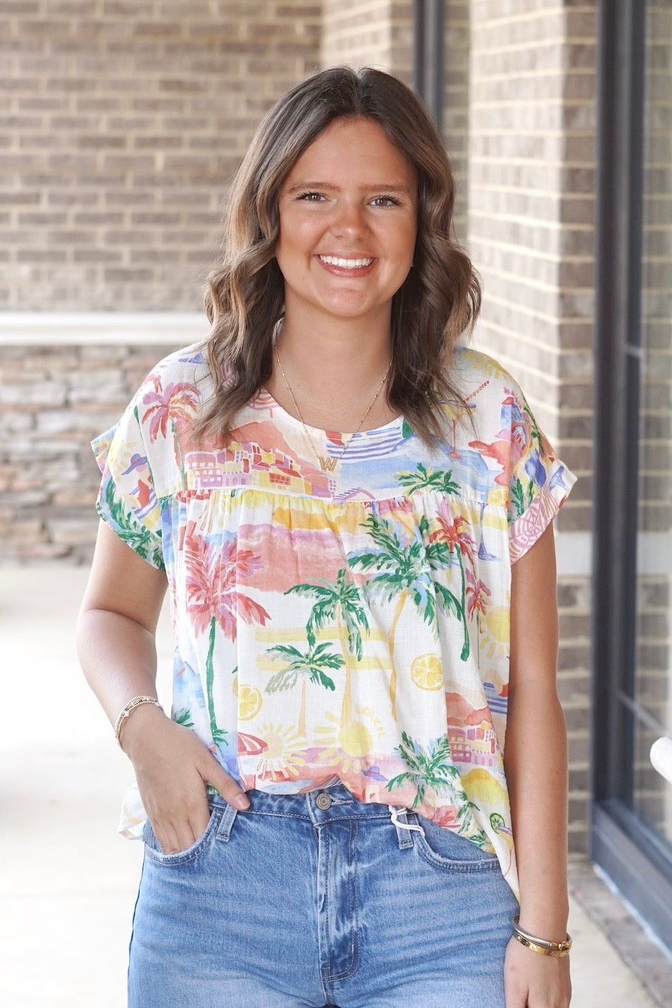 Short sleeve bright tropical printed top