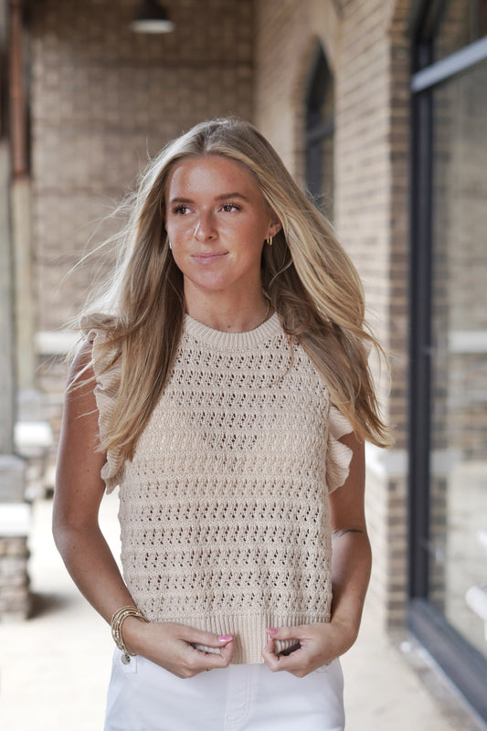 <ul> <li>Roxy Ruffle Sleeve Knit Top</li> <li>Round Neck</li> <li>Ruffle Short Sleeve</li> <li>Color: Natural</li> <li>Full Length</li> <li>Knitted Material</li> <li>55% Acrylic,45% Cotton</li> <li></li> </ul>