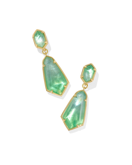 Gold Drop Earrings with 2 Connecting Geometric Frames, Hexagonal Oval Shaped, Iridescent Green