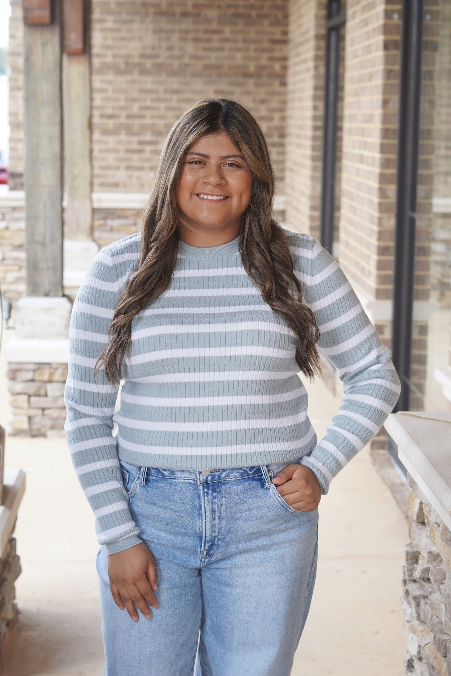 Millie Mint Striped Sweater, Round Neckline, Long Sleeves, Striped, Color: Mint, Knit Material, Full Length