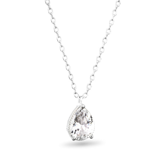 CZ Pear Shaped Solitaire Necklace Silver