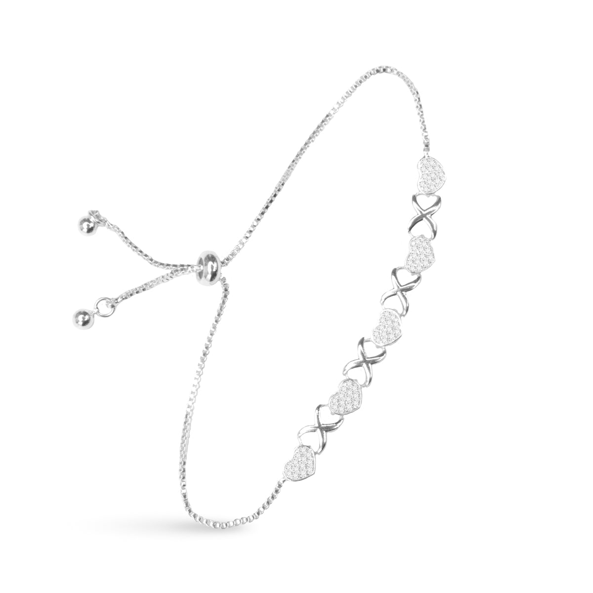 Sliver bracelet with five pave heart design and four infinity signs, pull cord.