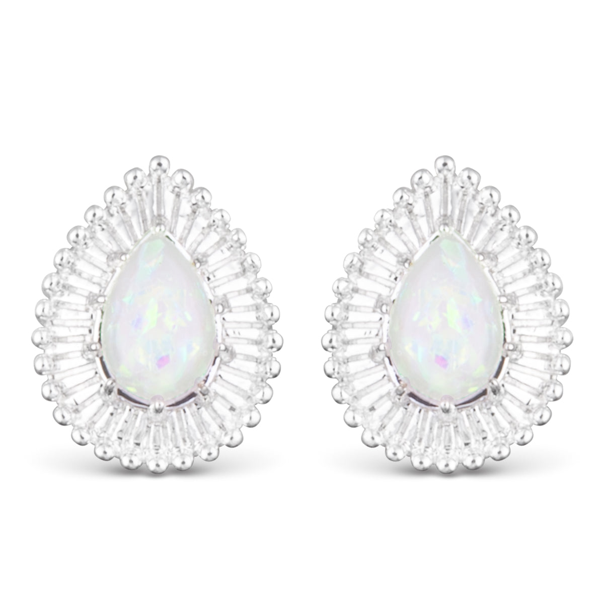 Silver teardrop stud earring with an opal stone and cubic zirconia detailing around it.