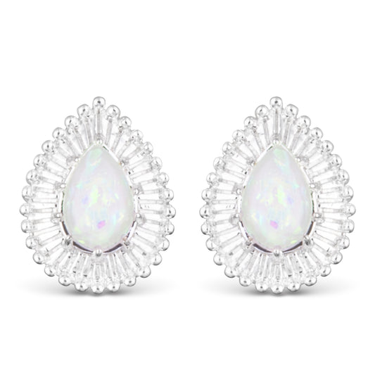 Silver teardrop stud earring with an opal stone and cubic zirconia detailing around it.