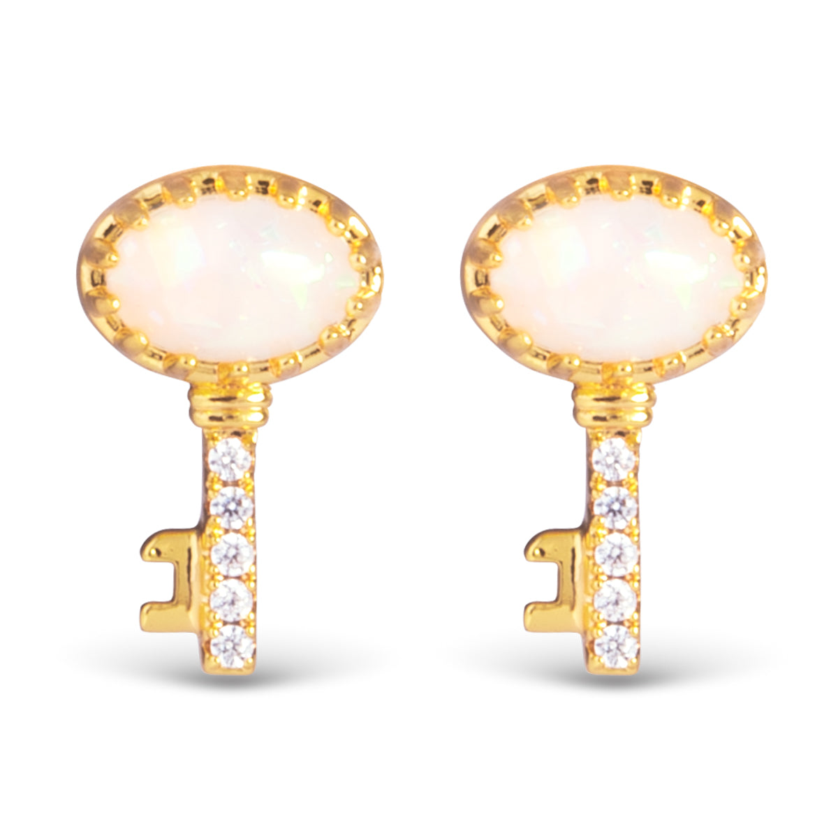Gold key-shaped stud earrings with an oval opal stone and cubic zirconia stone detailing.