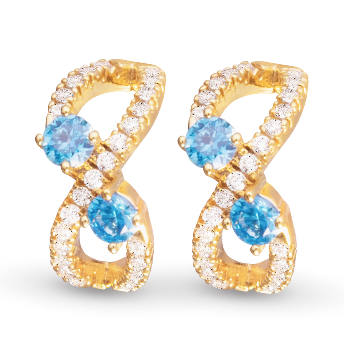 Infinity sign shape earrings gold with blue and clear cubic zirconia detailing, huggie back.