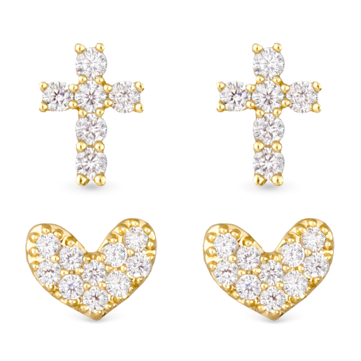Gold Heart and Cross duo earring set, cubic zirconia detailed