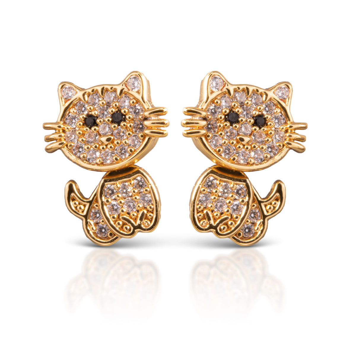 Cat shape gold earrings with cubic zirconia detailing.