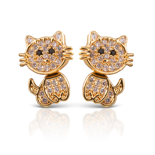 Cat shape gold earrings with cubic zirconia detailing.