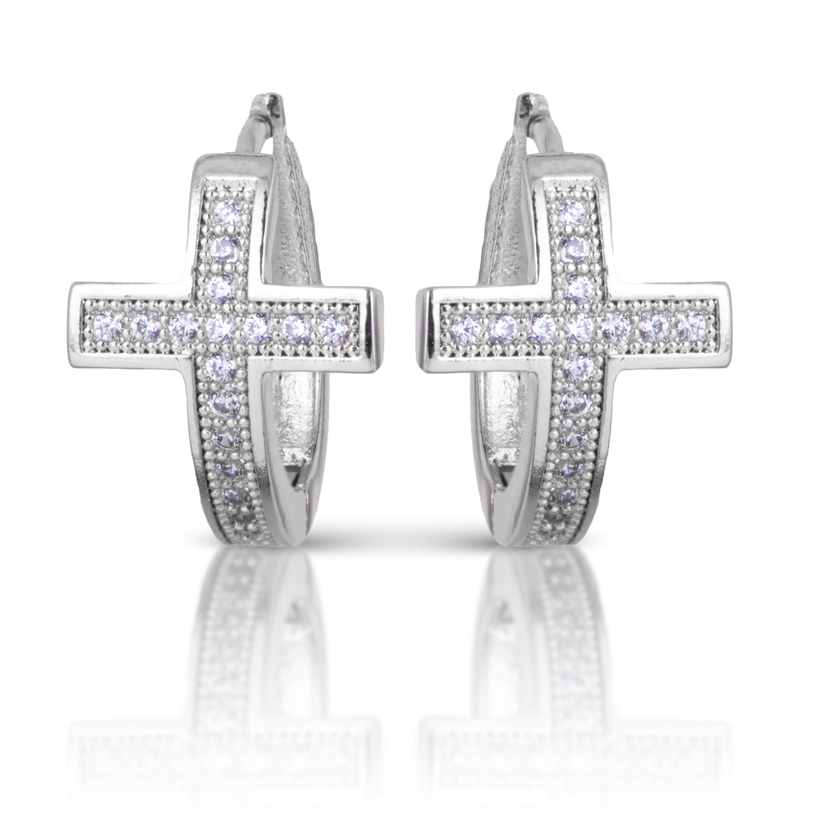 Cross silver earrings with cubic zirconia detailing, huggie back.