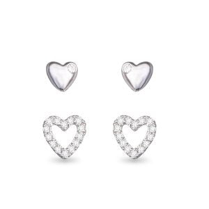 Mini Heart And CZ Open Heart Duo Earrings Silver