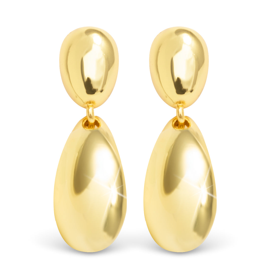 Gold puffed two tiered teardrop oval stud earrings