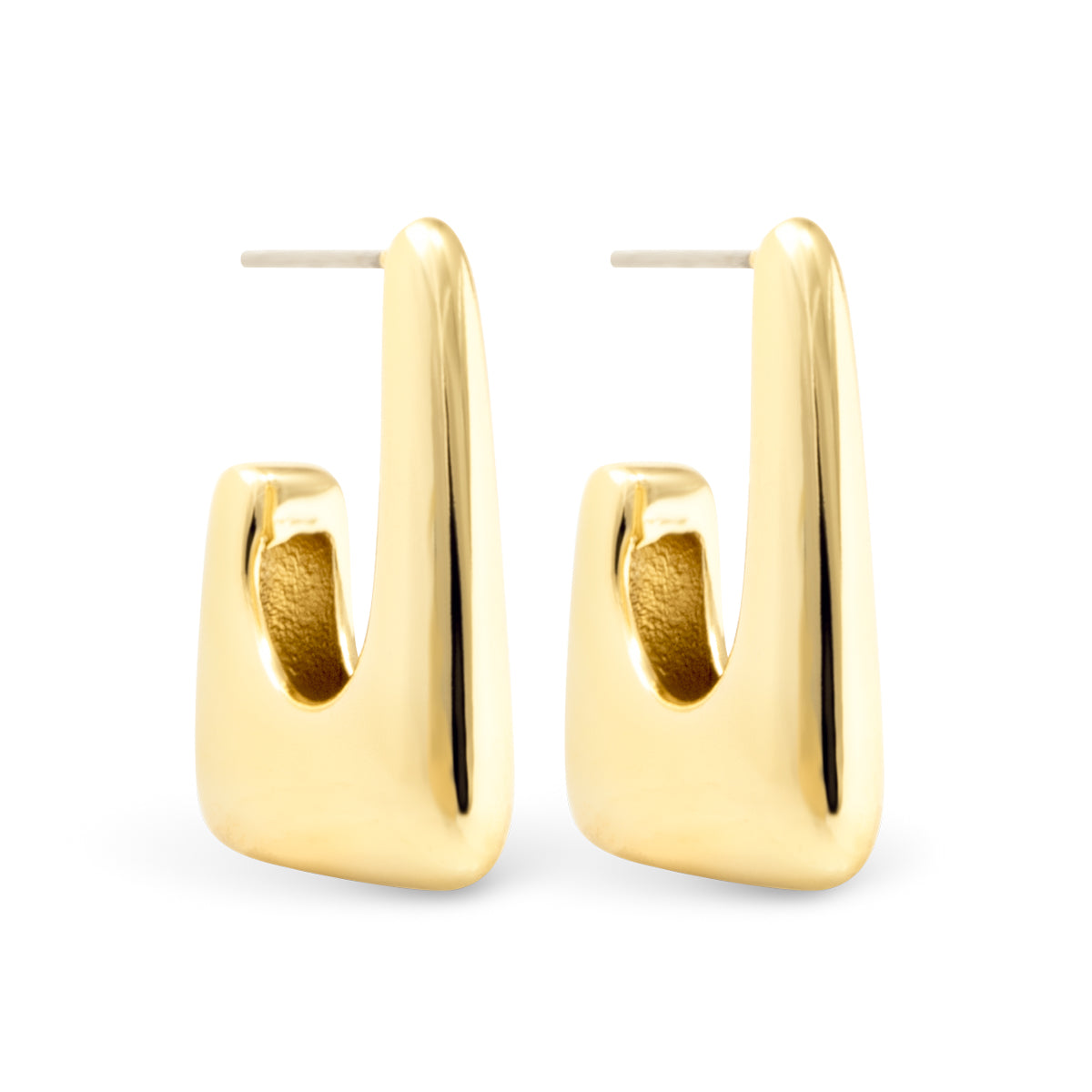 Half semi rectangle drop gold earrings, huggie back.