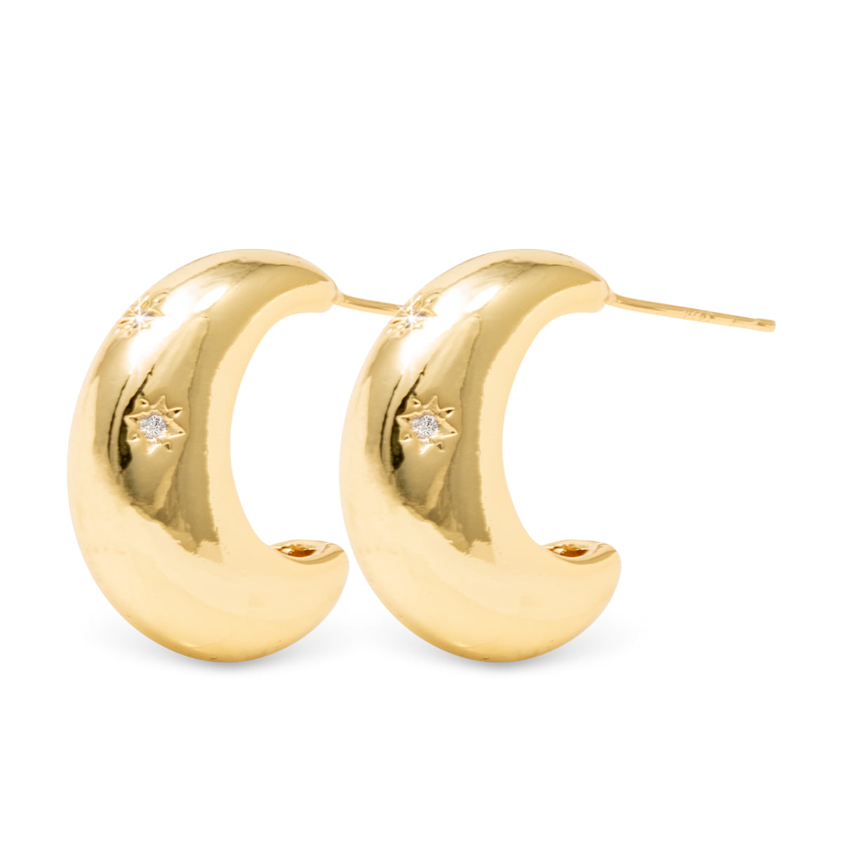 Gold polished half huggies earrings with stars cubic zirconia detailing.