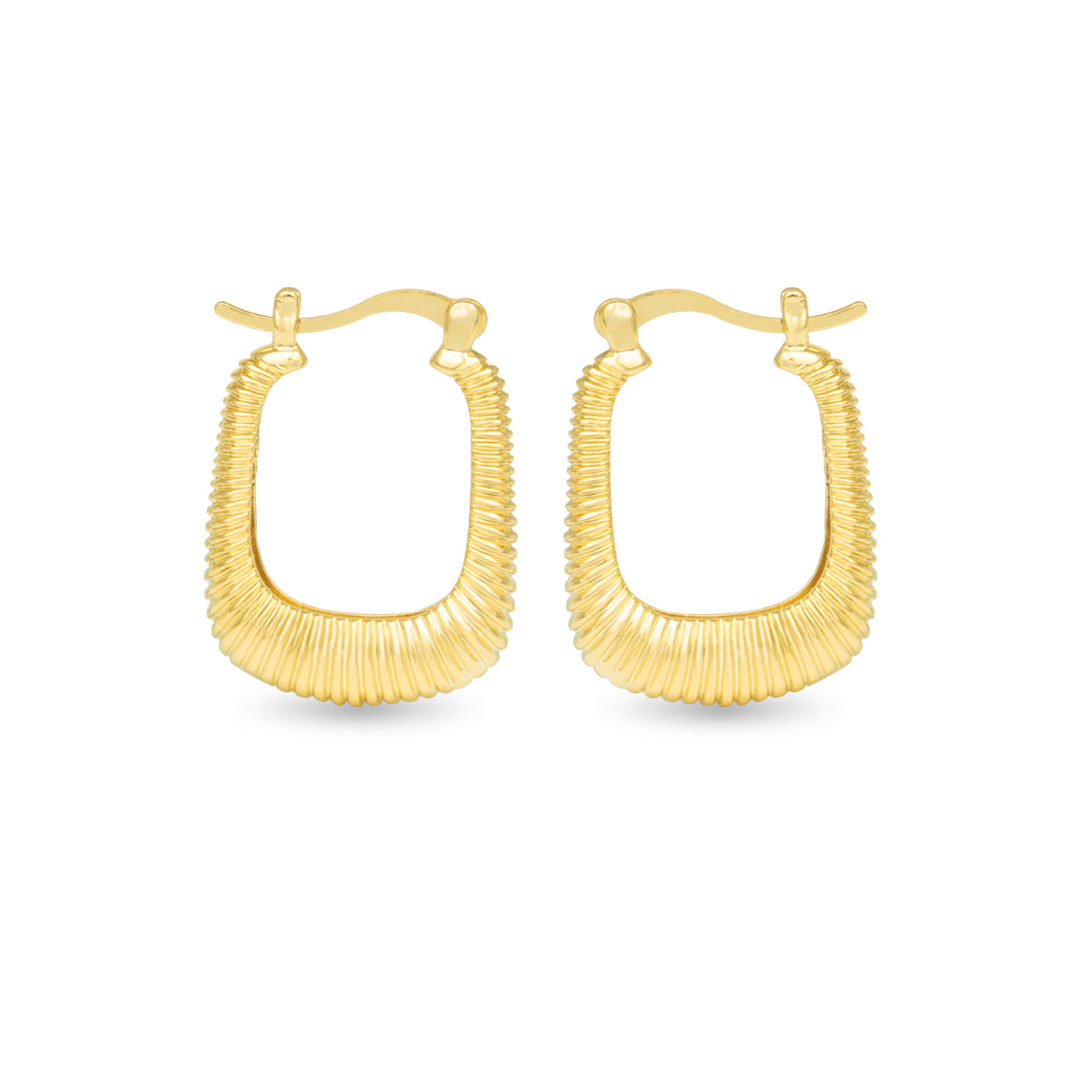 Square gold earrings with ribbed detailing, latch back.