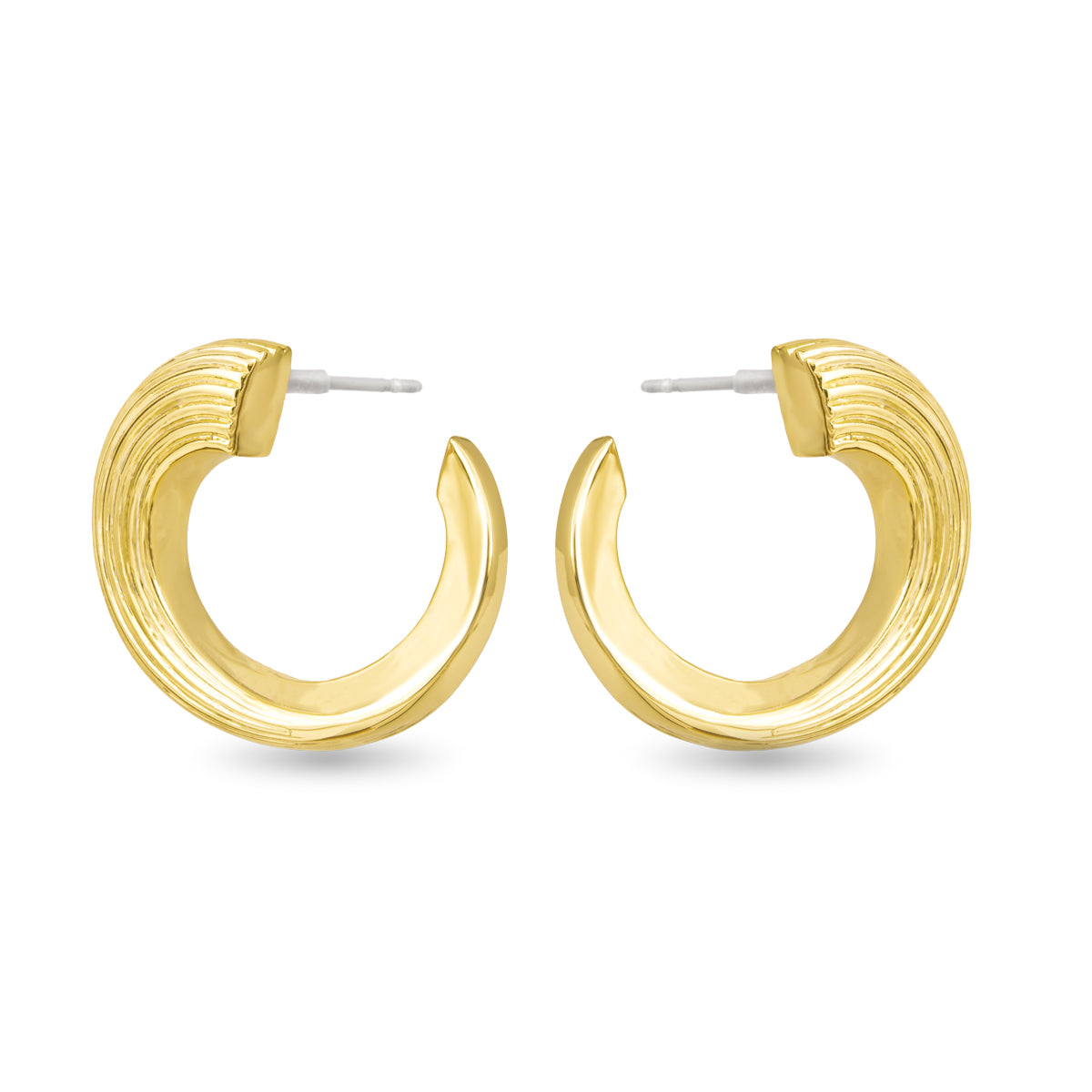 Half hoop gold earrings with vertical twist ribbed detailing.