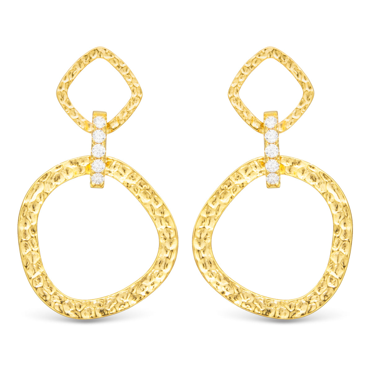 Two textured design gold hoops drop earrings linked by a cubic zirconia detail.