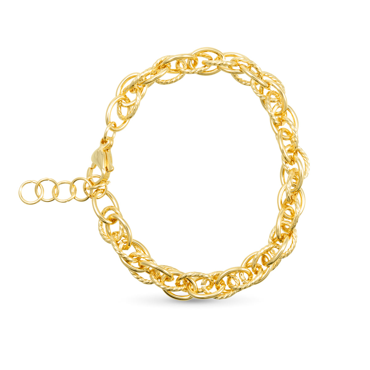 Twisted and polished chain link gold bracelet with a lobster clasp.
