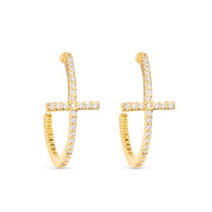 CZ Cross Hoop Earrings Gold