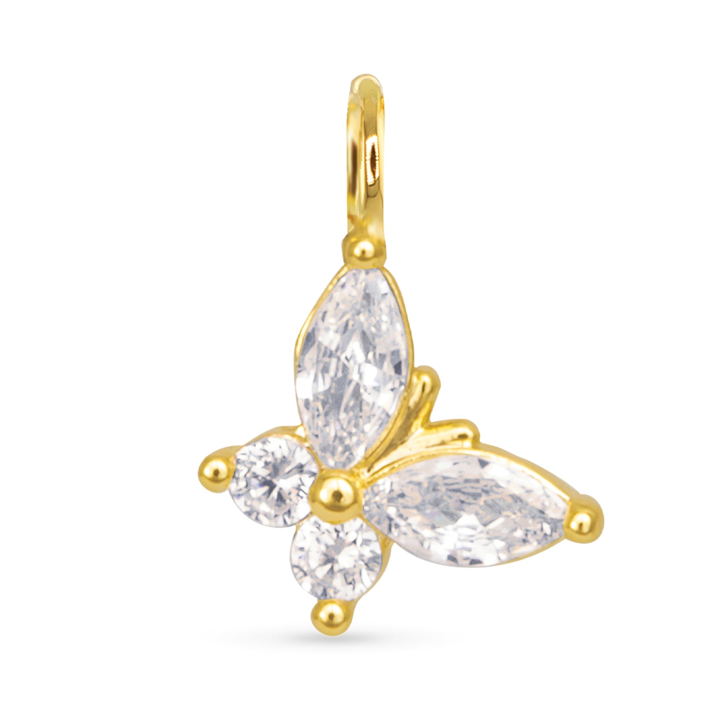 Butterfly clear cubic zirconia necklace charm with a gold outline.