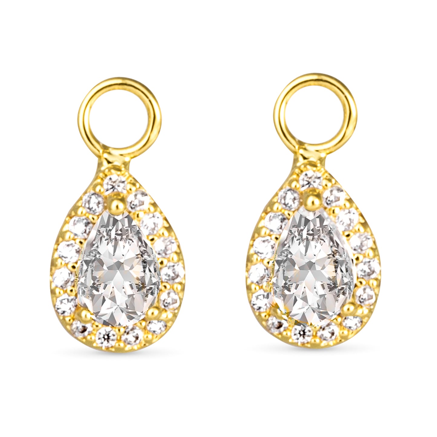 Pear shape earring charm with halo cubic zirconia design and a gold outline