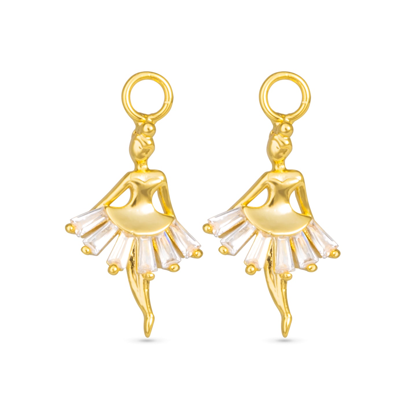 Ballerina shape gold earrings charm with clear cubic zirconia detail in the skirt.